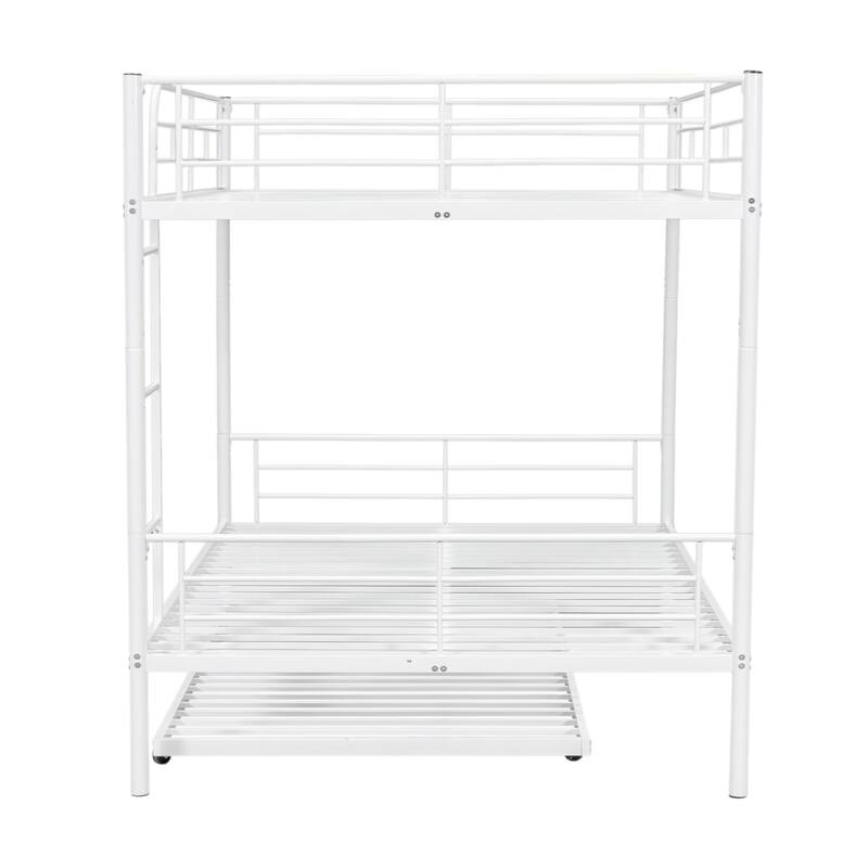 Metal Bunk Bed with Trundle and Guardrail, Convertible to Two Beds