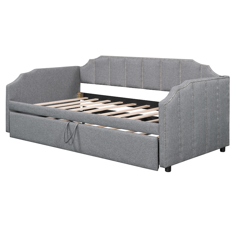Twin Upholstered Daybed with Pop-Up Trundle, USB Charging Ports, Convertible Sofa Bed