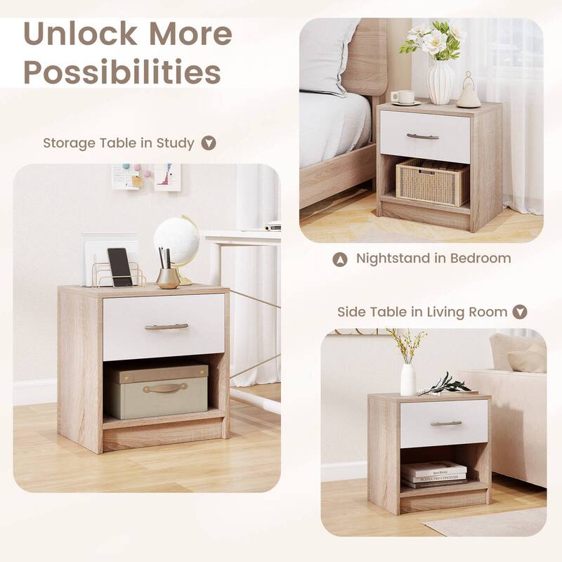 Costway Modern Nightstand Bedside Table with Drawer Open Storage Shelf