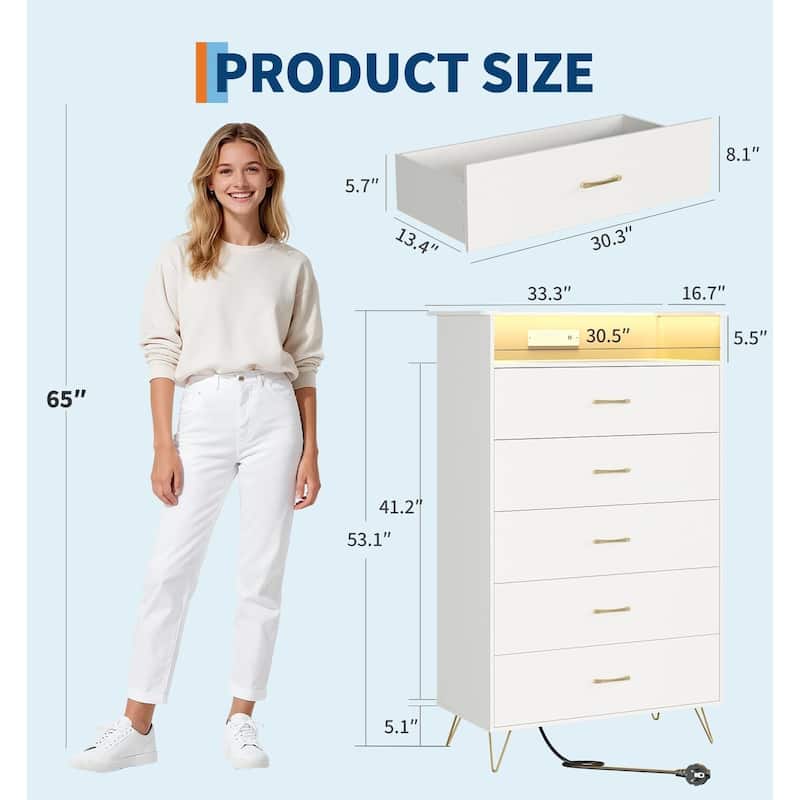 5-Drawer Dresser for Bedroom with Charging Station & RGB Lights