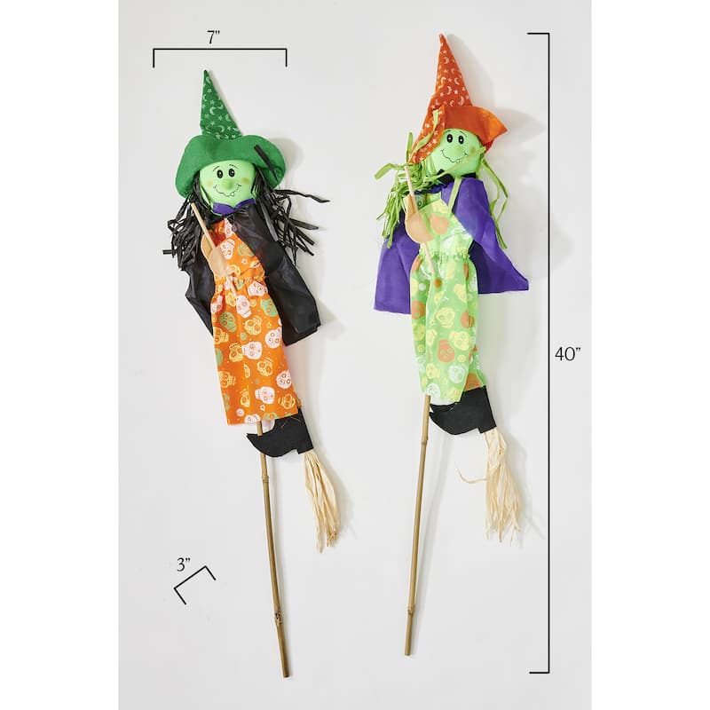 40" Halloween Witch on Broom Stick Pick, Set of 2