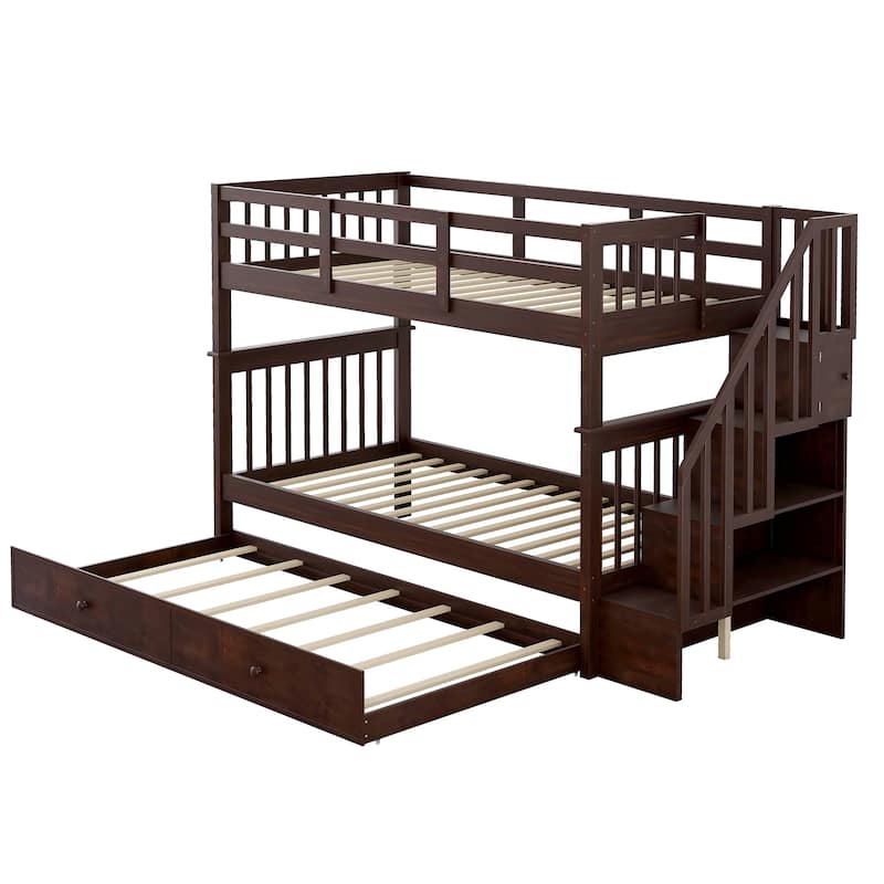 Stairway Bunk Bed with Trundle, Storage and Guard Rail for Bedroom, Dorm