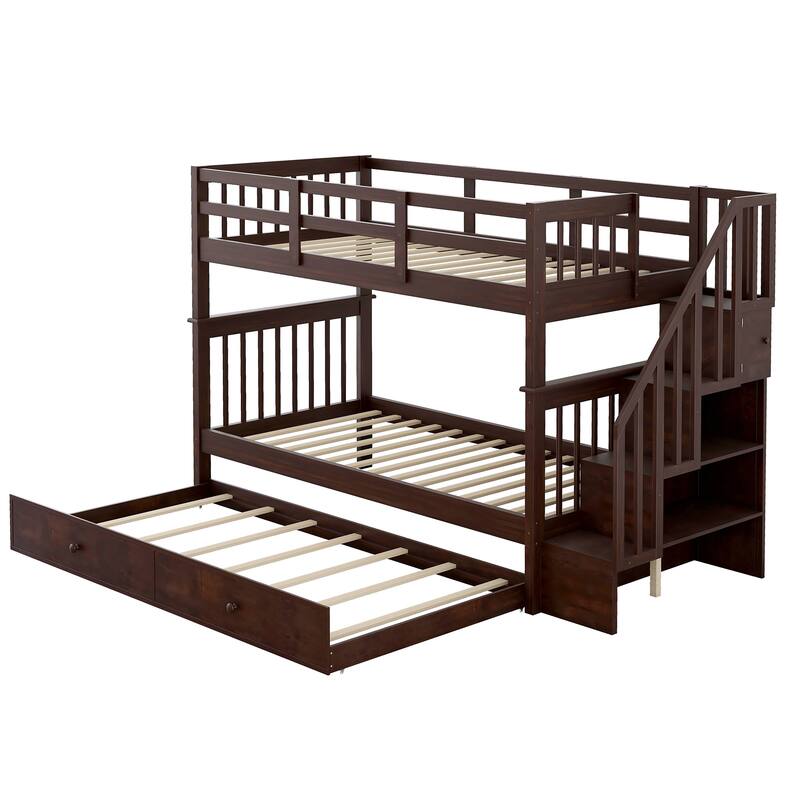 Twin-Over-Twin Bunk Bed with Trundle, Staircase Design with Storage Shelves, Solid Pine Frame, No Box Spring Needed