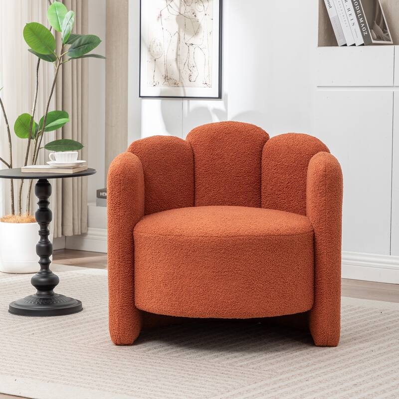 SEYNAR Modern Glam Teddy Fabric Upholstered Round Accent Chair with Flower Shaped Back Design - Orange