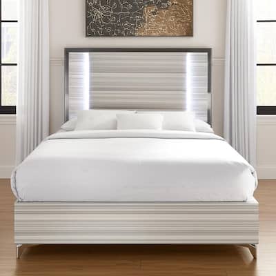 HomeRoots Beige White And Chrome Wood Upholstered Lighted Queen Bed Frame