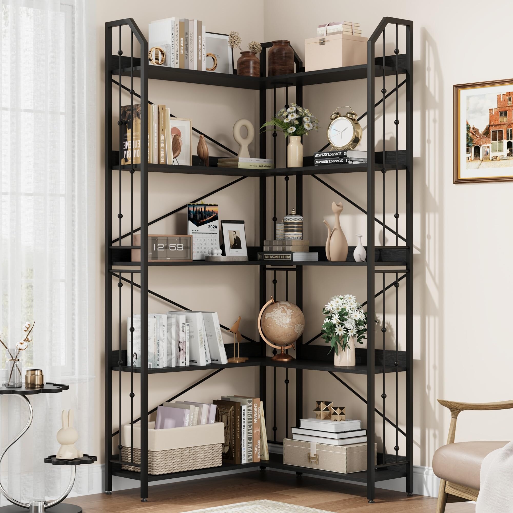 Corner Bookcase, 72" Tall 5-Tier L-Shape Shelf with Beaded Trim, Storage Unit for Home Office, Living Room, Bedroom