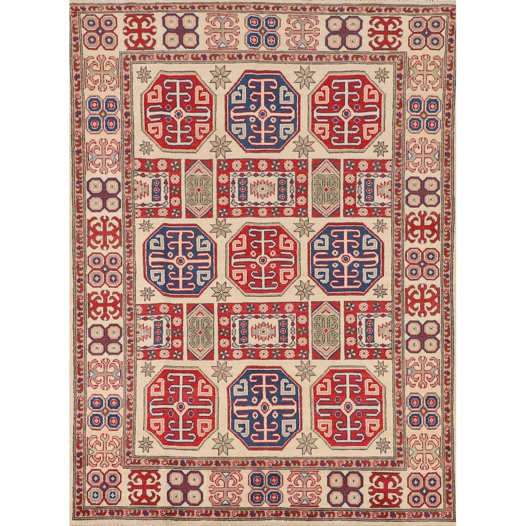 Geometric Kazak Oriental Area Rug Hand-Knotted Bedroom Wool Carpet - 5'0" x 6'9"