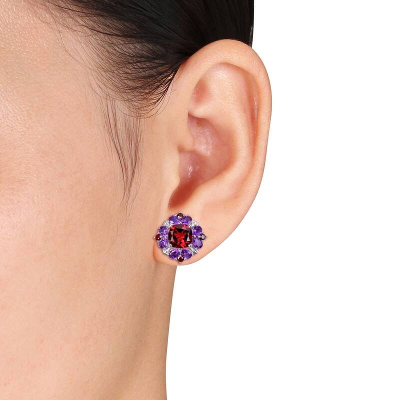 Miadora 13 1/4ct TGW Garnet Africian Amethyst Cluster Pendant Chain Earrings Set Sterling Silver