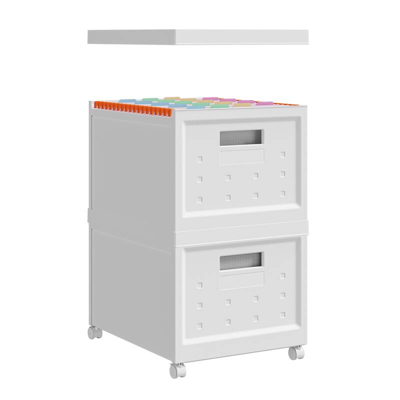 Set of 2 Collapsible Stackable Rolling File Boxes with Lids and 10 Hanging Files for Home or Office