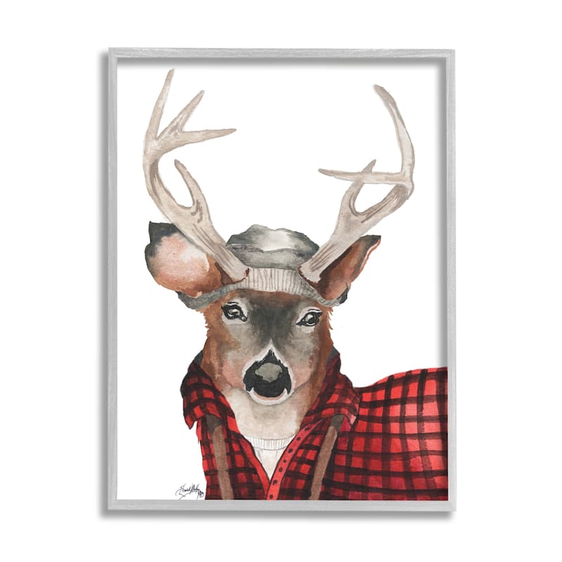 Stupell Lumberjack Buck Deer with Beanie Red Plaid Framed Wall Art