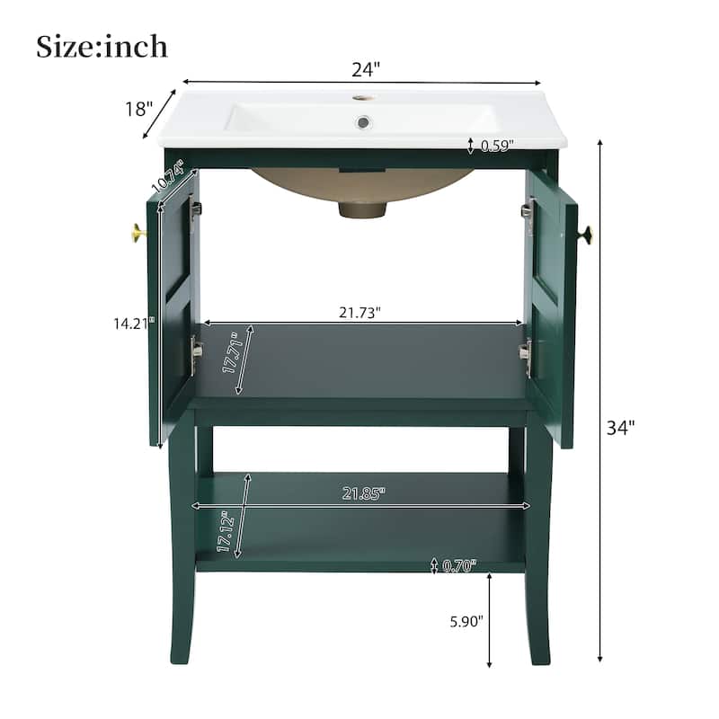 24'' Bathroom Vanity with Top Sink, Modern Bathroom Storage Cabinet with 2 Doors, Single Sink Bathroom Vanity,Green