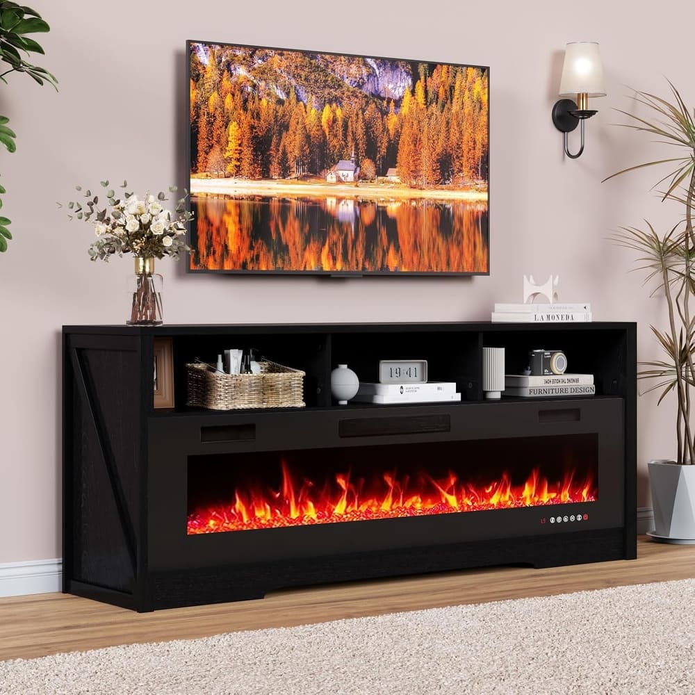 BOSSIN 65" Electric Fireplace TV Stand , Entertainment Center for TVs up to 75" with Open Shelves, Black