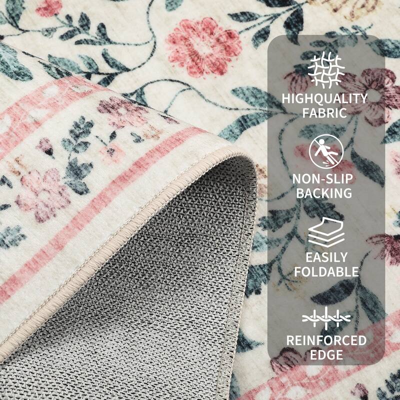 Living Room Rug Machine Washable Area Rug Non Slip Farmhouse Floral Rug Low Pile Soft Foldable Rugs