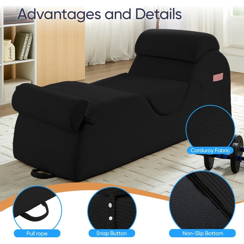 Mixoy Corduroy Yoga Chaise Lounge Chair,Curved Yoga Sofa with Movable Headrest/Waist Cushion/Footrest,Non-Slip Bottom
