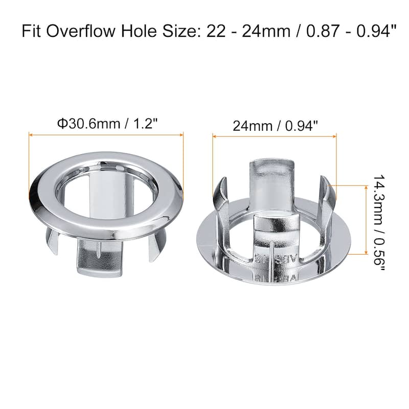 6Pcs 24mm Sink Trim Overflow Cover Ring Hole Insert in Round Caps Silver - Silver