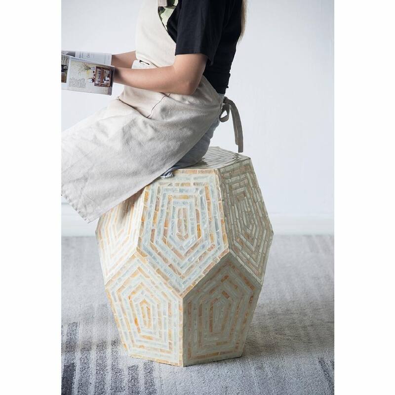 Geometric Hexagonal Capiz Stool - 18" Multi-Color Accent Piece, End Table, Side Table - 18x18x21"