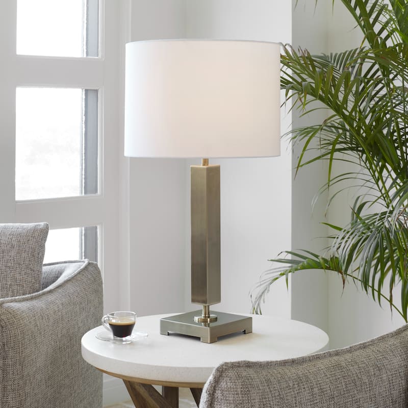 Table Lamp with Drum Shade and Metal Column Base - 27" - Antique Brass Finish