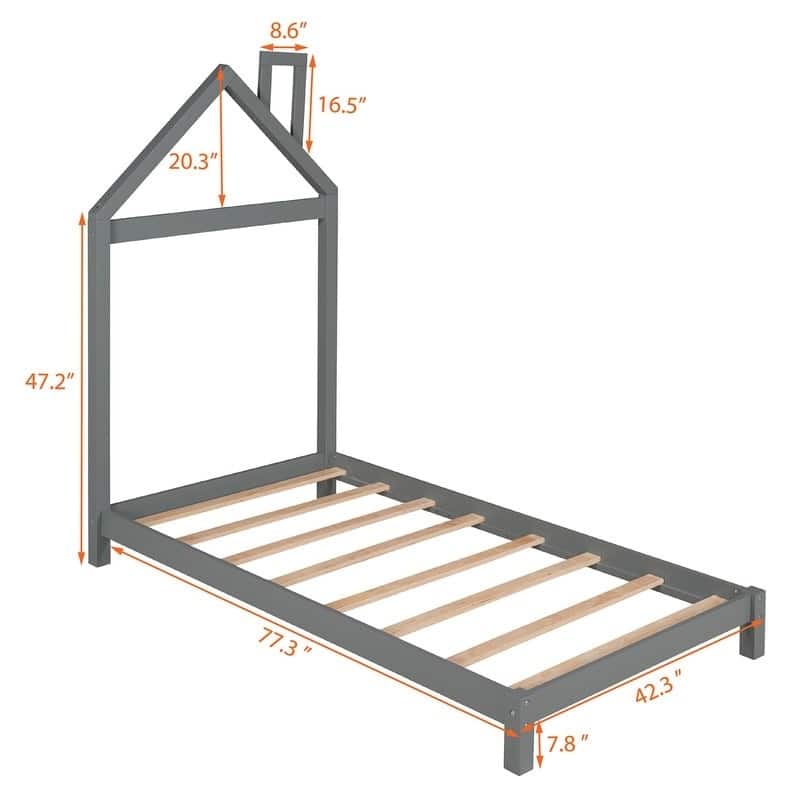 Twin Size Wood Platform Bed with House-shaped Headboard for Kids