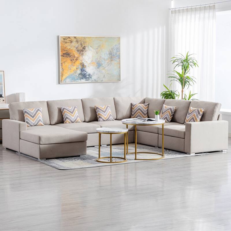 Linen Fabric 6 Piece Reversible Chaise Sectional Sofa with 6 Pillows and Interchangeable Legs