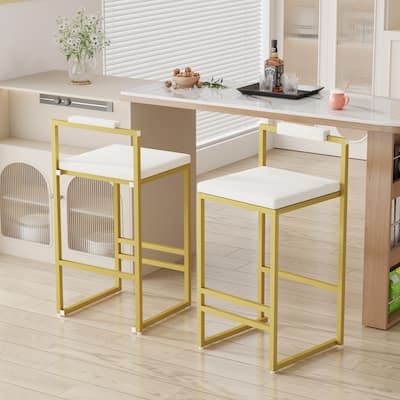 Velvet Upholstered Bar Stools Set of 2, Counter Height Square Back Bar Stools, Armless Dining Chairs with Metal Base