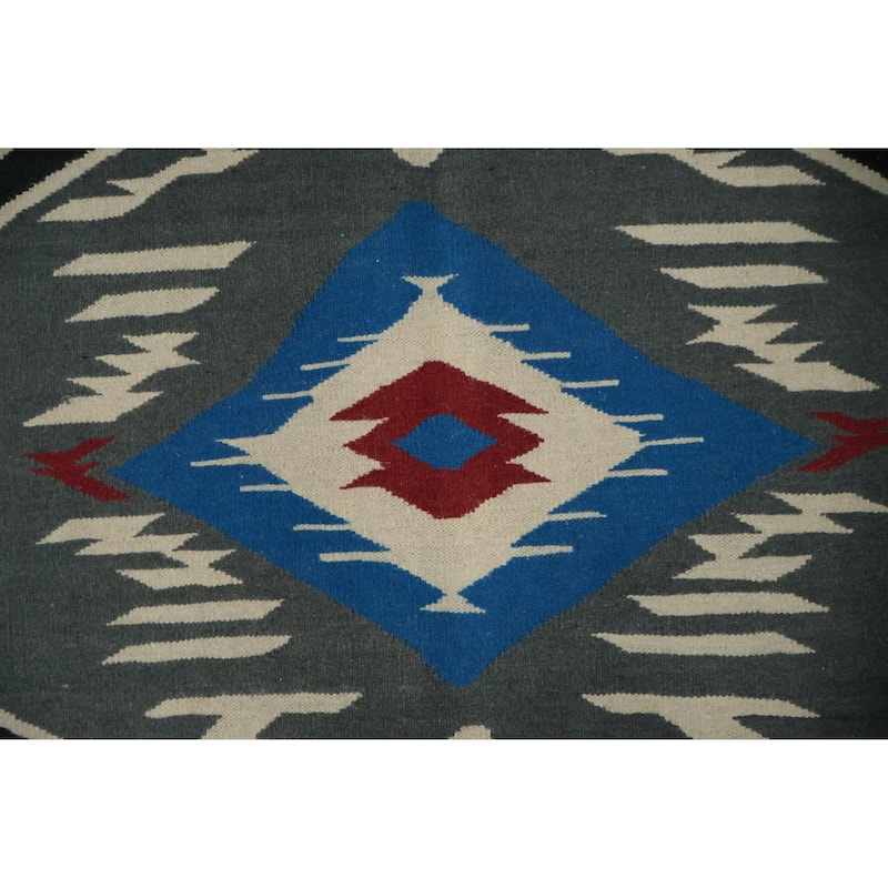 Hand Woven Oriental 100% Wool Carpet Southwestern Tribal Navy Blue & Blues Kilim Area Rug - 10' 1'' X 8' 1''