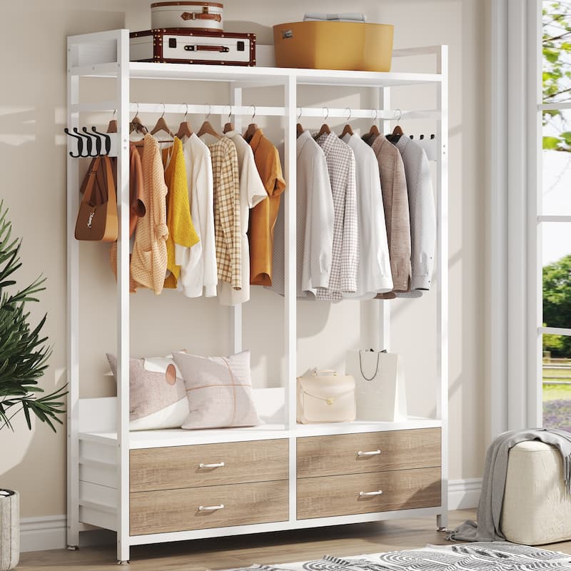 Freestanding Closet Organizer, Clothing Rack with 4 Drawers, 8 Hooks and Storage Shelves - Grey