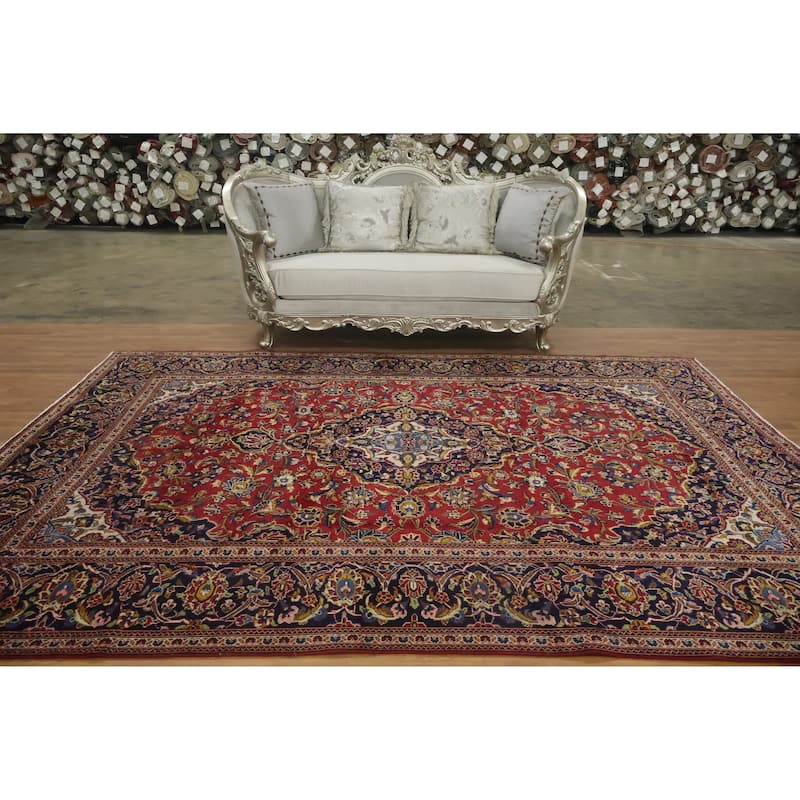 Hand Knotted Oriental 100% Wool Carpet Traditional Floral Red Kashan Area Rug - 11' 1'' X 7' 11''