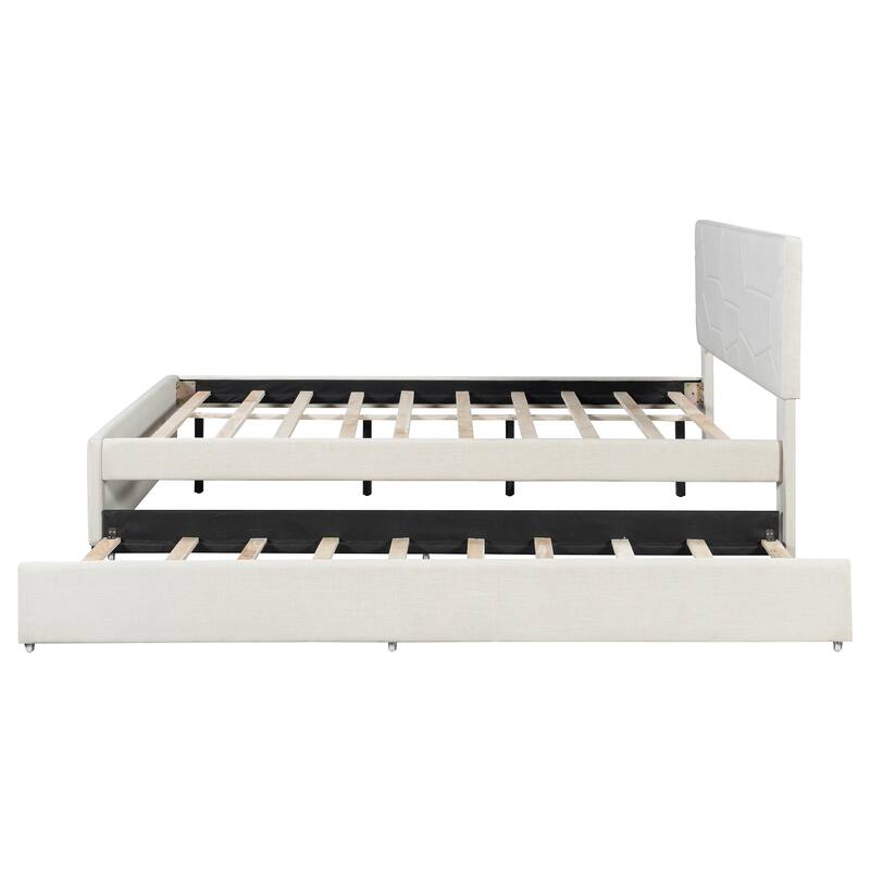 Queen Size Upholstered Platform Bed with Brick Pattern Headboard and Twin XL Size Trundle, Linen Fabric, Beige