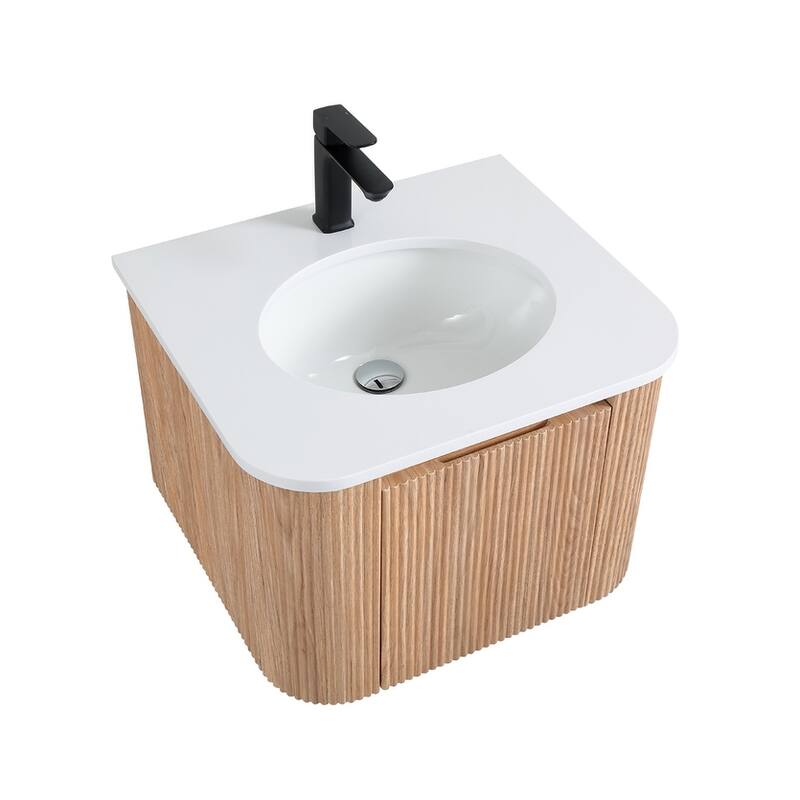 24 Inch Wall Mounted Bathroom Vanity with Sink Curved Design, Modern Floating Vanity Cabinet with Soft Close Drawer