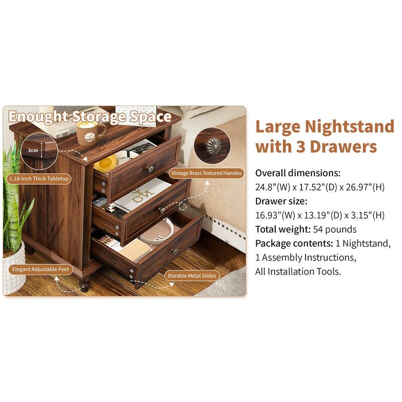 Wood 3-Drawer Nightstand with Rustic Finish and Storage