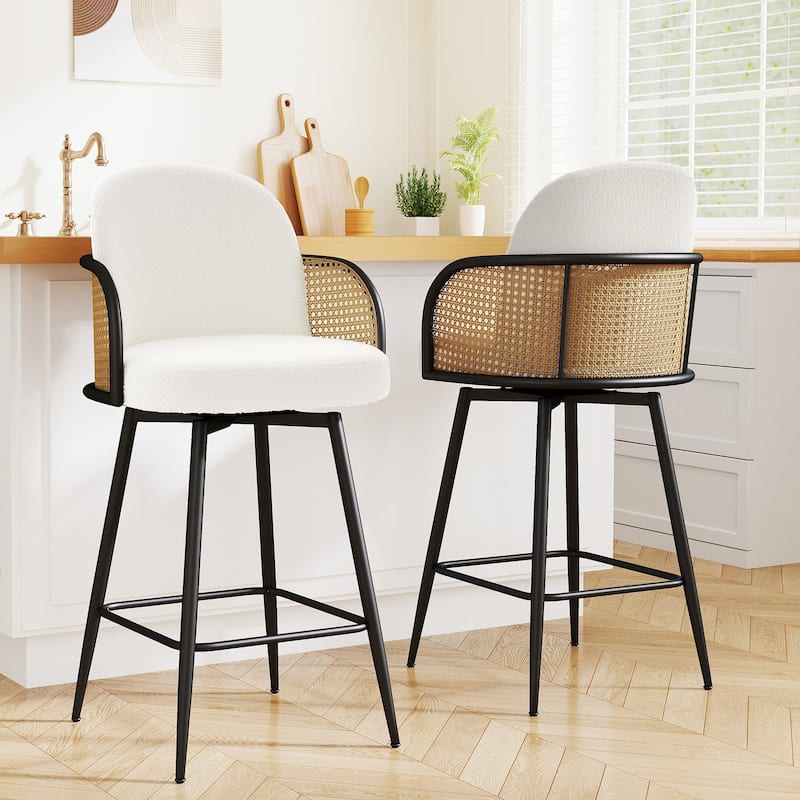 26" Swivel Boucle Fabric Upholstered Bar Stool - 38.2"H x 21.5"W x 23.2"D - Set of 2 - White