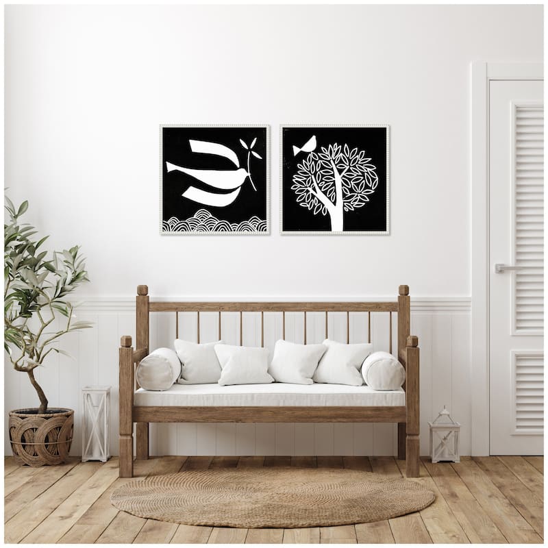 Kate and Laurel Sylvie Beaded Black and White Linocut Birds Framed Canvas Art Set by Giuliana Lazzerini