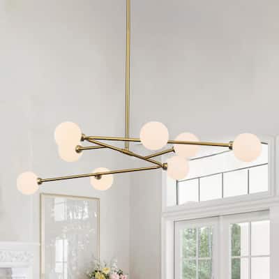 8-Light Mid - Century Modern Brass Sputnik Chandelier with Frosted Glass Globes