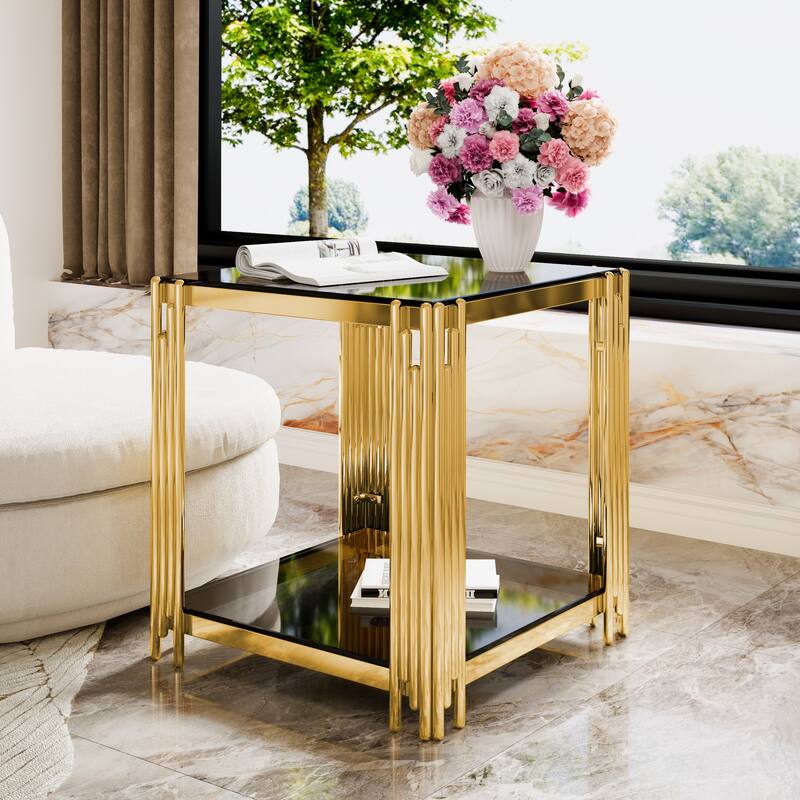 19.9" Modern Transparent Glass End Table for Living Room, Square,Asymmetrical Metal, Gold Finish & Lower Shelf - Black