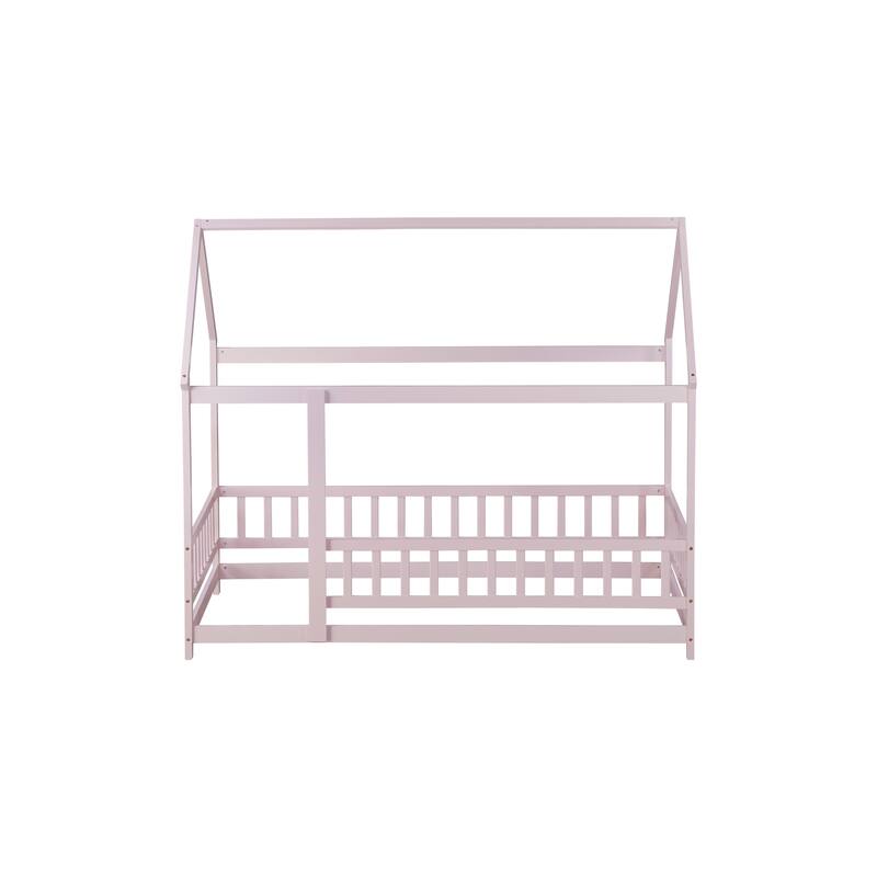 Twin Floor Bed with House Roof Frame, Safety Guardrails, and Fence Design