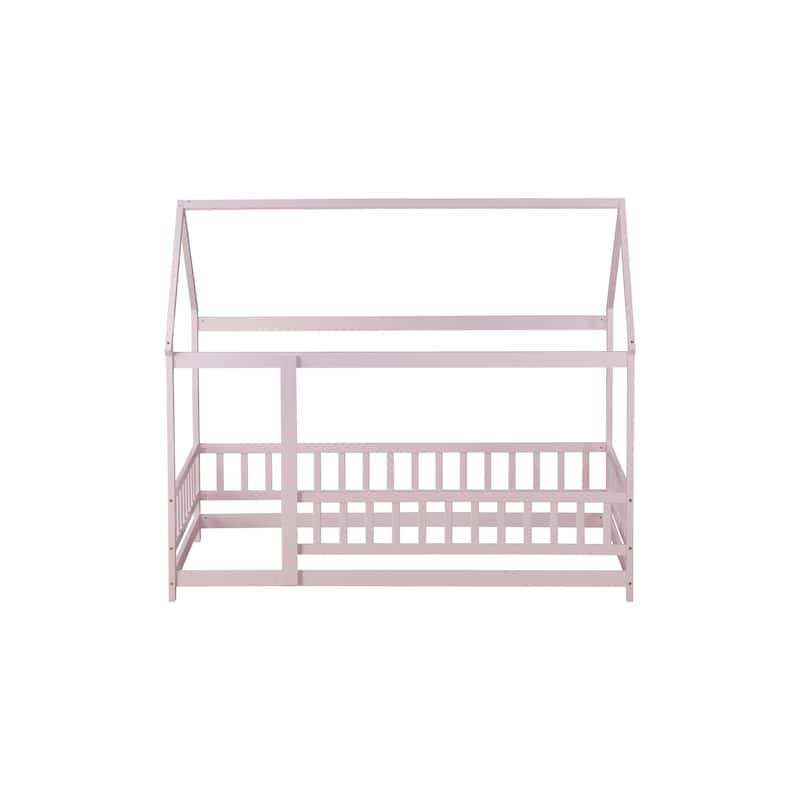 Twin Size House Floor Wooden Bed with Roof Frame