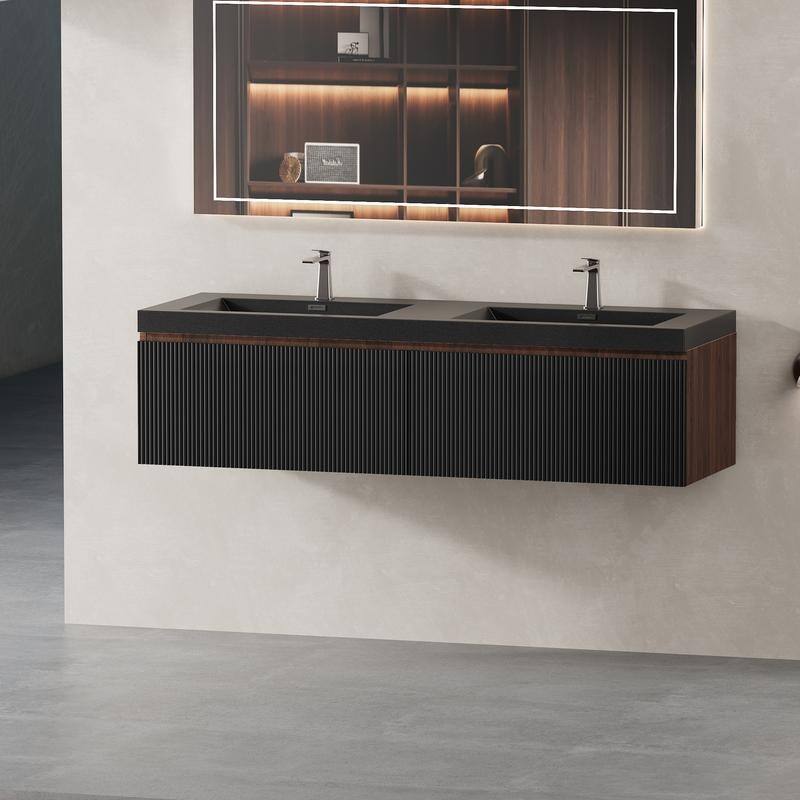 ABRUZZO Floating Vanity with Integrated Top Sink Soft-Close Wall-Mount Bathroom Cabinet - 60" - Smoked Walnut