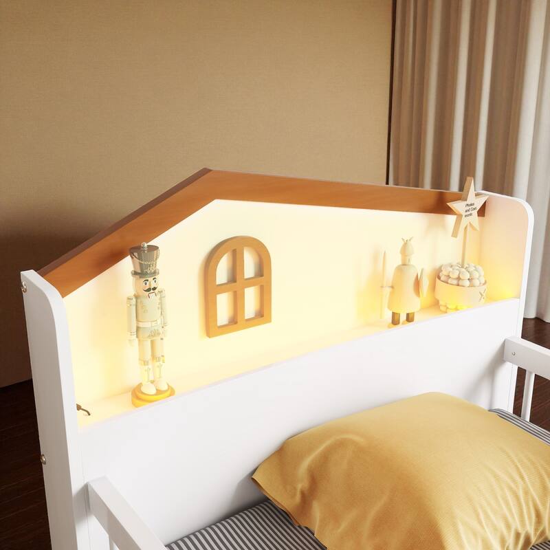 Twin Size Low Loft Bed with LED Light, Wooden Kids Loft Bed with Storage Drawers and House Headboard