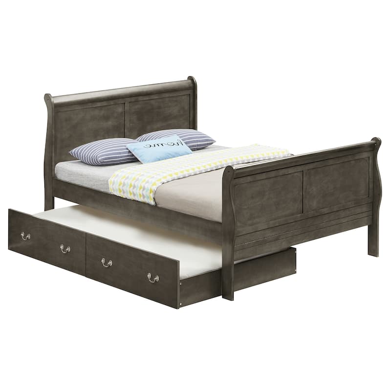 Wooden Full Platform Bed with Trundle - 87" - Gray