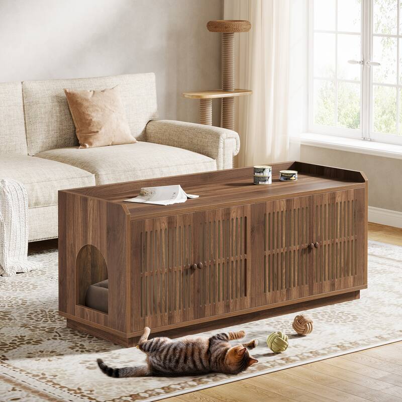 2 Cats Litter Box Enclosure, 55.1-Inch Extra Large Hidden Litter Box Furniture, Wooden XL Cat Washroom Furniture with Storage