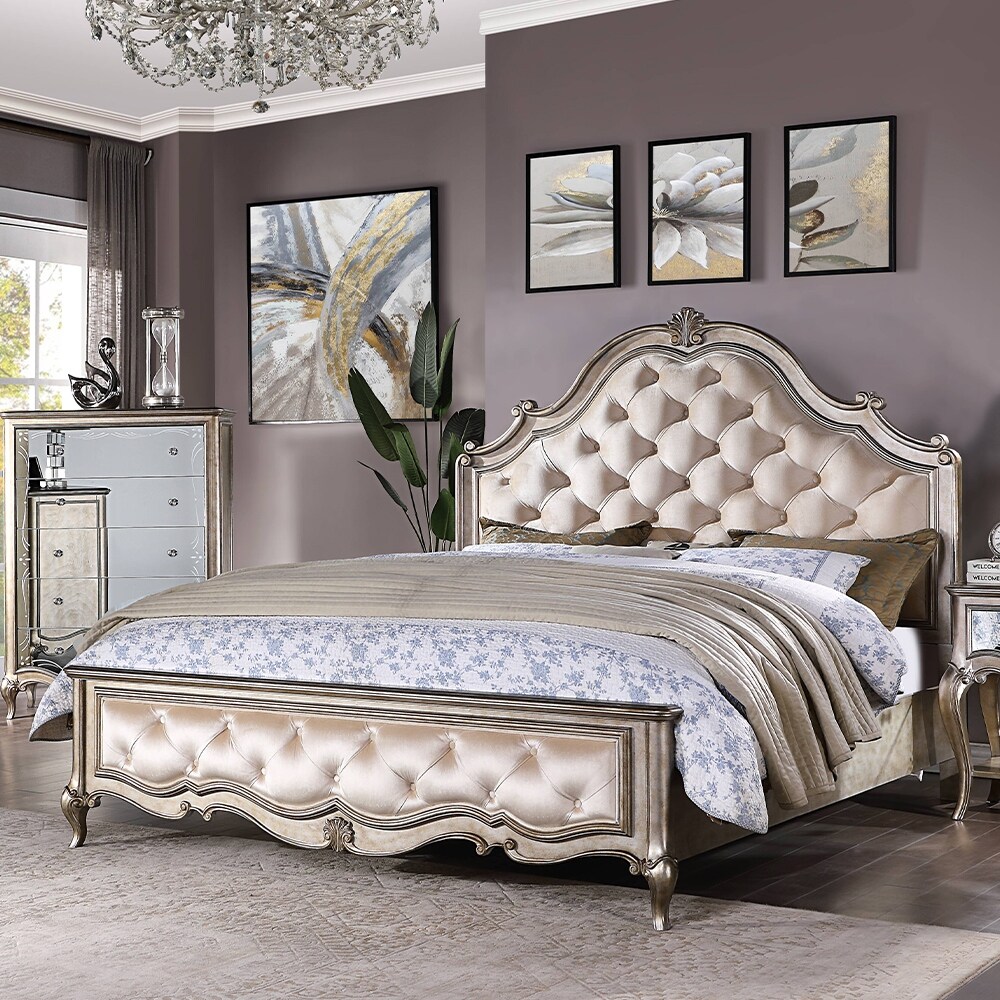 Esteban Queen Bed in Ivory Velvet & Antique Champagne - Bed Bath