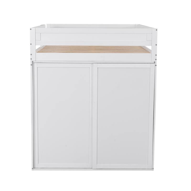 White Full Size Loft Bed with Wardrobe, Desk, and Storage Cabinet