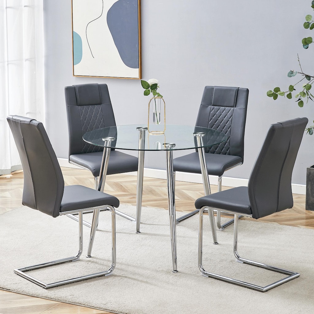 5-Piece 36" Round Glass Dining Table Set, Tempered Glass Table with Metal Legs and 4 PU Leather Chairs for Kitchen, Dining Room