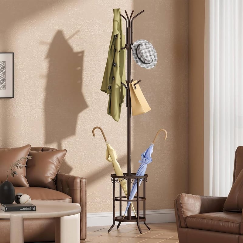 70.5” Tall Metal Entryway Coat Rack Hall Tree with 12 Hooks and Umbrella Stand for Home or Office - 11.2"D x 11.2"W x 70.5"H - Brown