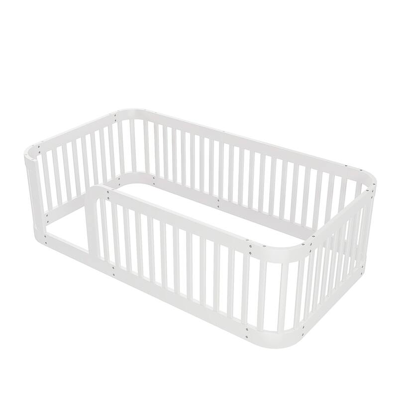 Floor Bed Frame with Fence, Montessori Toddler Bed, No Slats, No Doors, Rounded Corners Wooden Bed