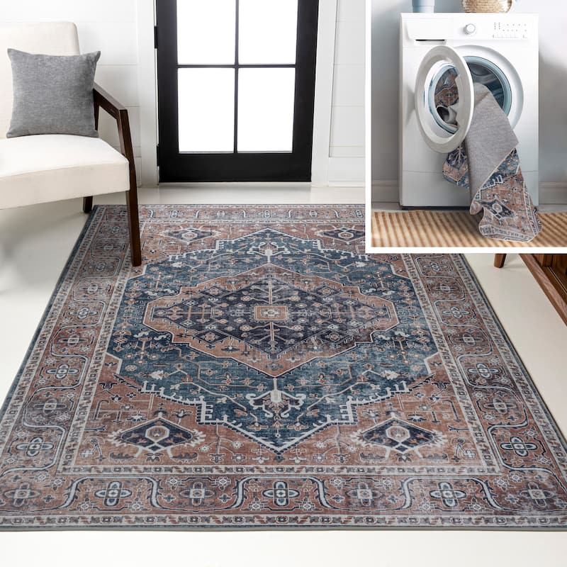 JONATHAN Y Kemer Ogee Medallion Machine Washable Area Rug - 5 X 8 - Navy/Brown