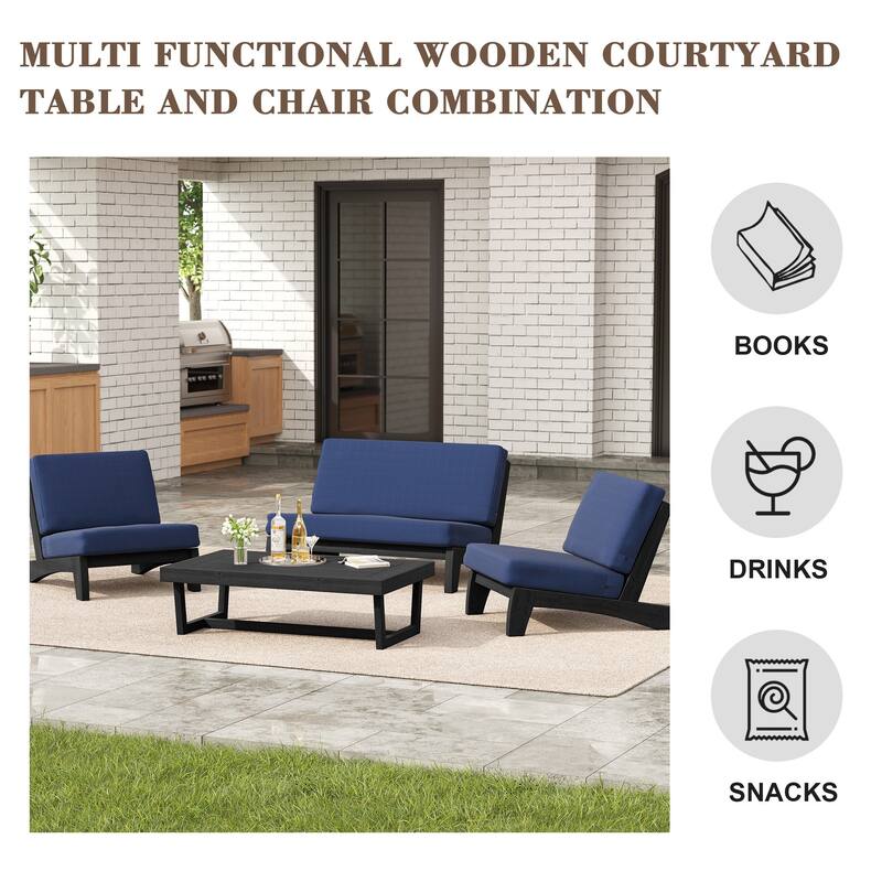 4 Set Outdoor Patio Teak Wood Club Chairs Loveseat with Coffee Table