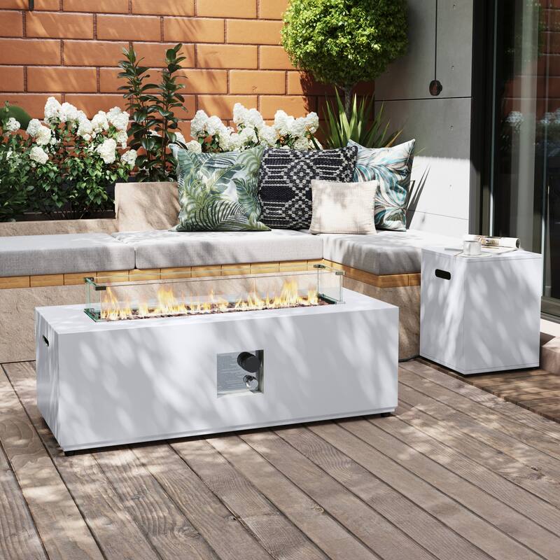 Patio Watcher Outdoor 42in./56in. Iron Fire Pit Table with Propane Tank Cover and Glass Wind Guard - White 42in-L Rectangle