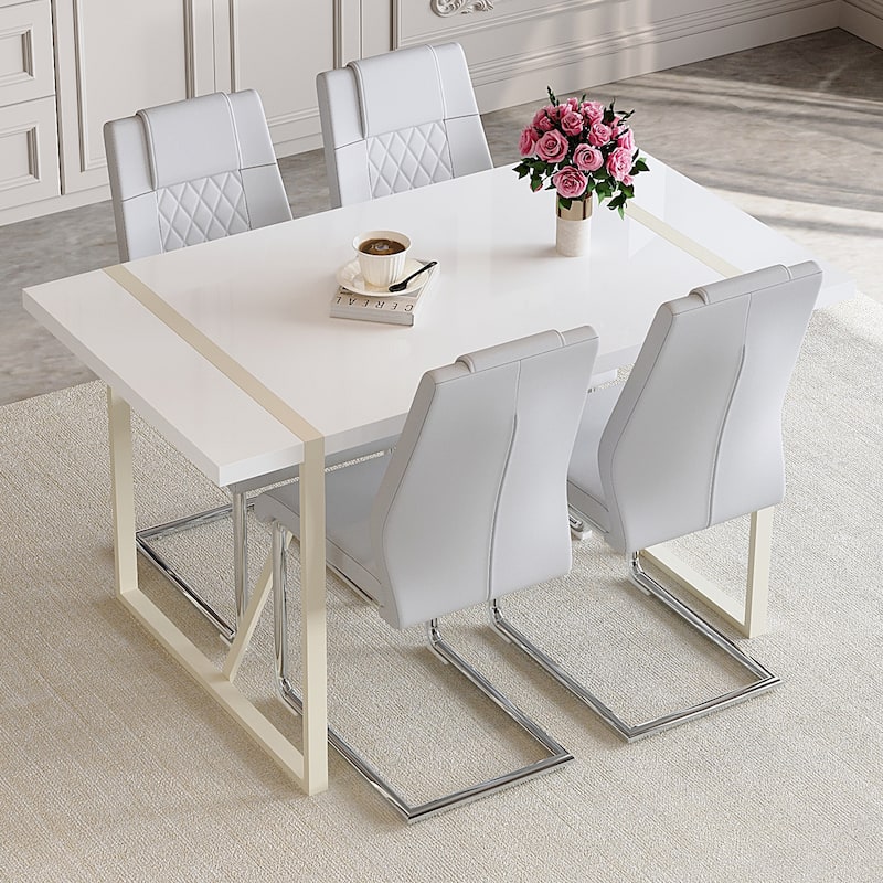 Roomfitters 5pcs Cream Style MDF Dining Table Set with Chairs and Silver Metal Legs, Soft Neutral Design, Light Gray