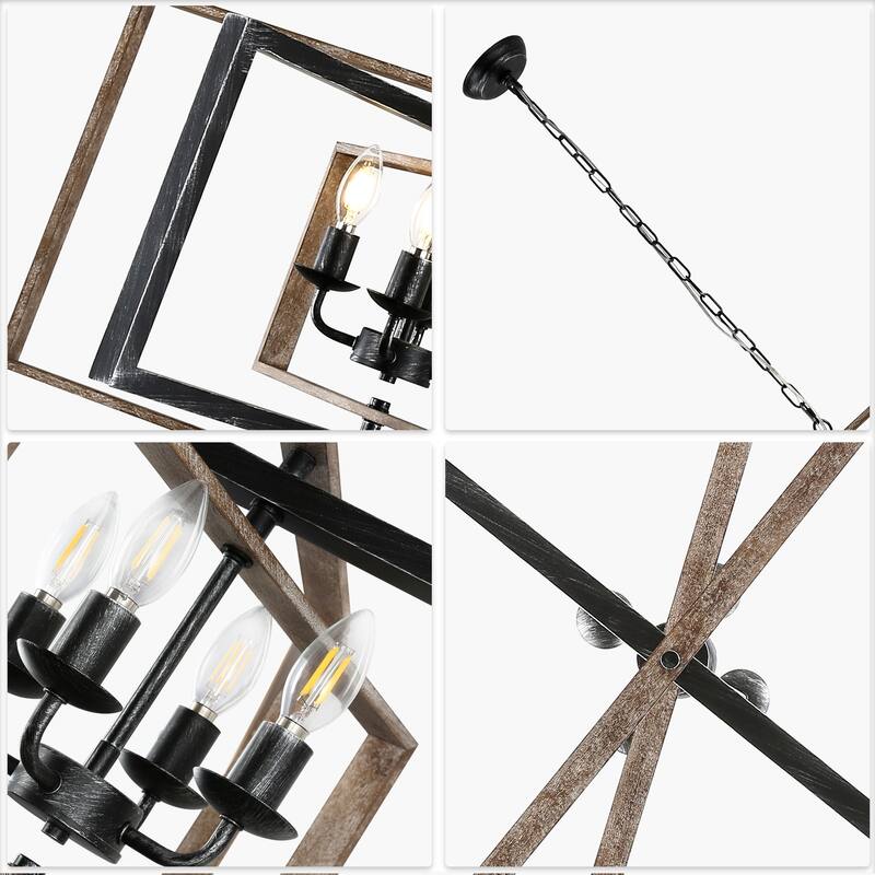 Oaks Aura Wooden Chandelier,Rectangular Frame Pendant Light,Farmhouse Hanging Lamp,Height Adjustable for Living Room,Dining Room